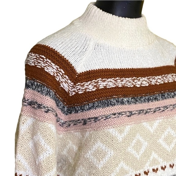 a.n.a. a new approach Cream Mock Neck Fair Isle Print Sweater Cotton-blend - Picture 2 of 7